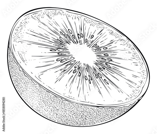 A close up view of a sliced kiwi fruit presented in an outline style, showcasing its distinct flesh, central core, and dark seeds, suitable for dietary infographics, natural product
