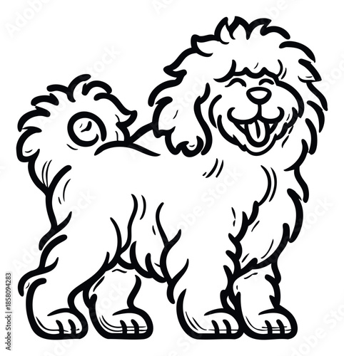 A joyful fluffy dog standing with shaggy fur and a happy smiling face, ideal for adorable petrelated content, childrens products, and charming animal graphics.