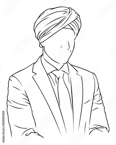 Minimalist outline drawing of an Indian man wearing a traditional turban and formal suit, ideal for professional business portrayals or cultural identity graphics