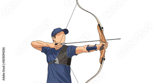 An archer in a blue shirt and cap, wearing protective gear, drawing a recurve bow with an arrow, preparing to shoot at a target.