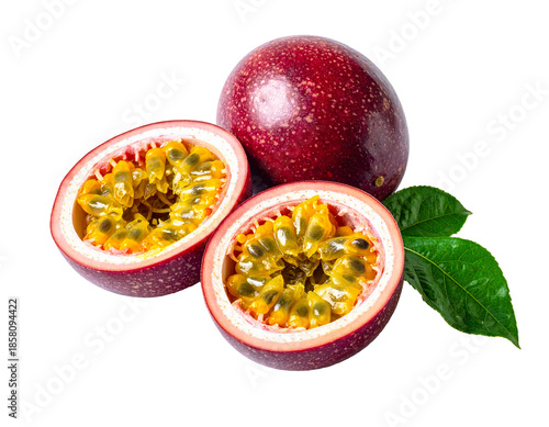 Fresh Passion Fruit Halved and Whole with Green Leaves on White Background.