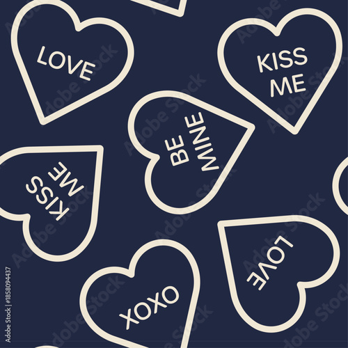 シンプルなハートと愛の文言が書かれたブラックネイビーとベージュのシームレスパターン