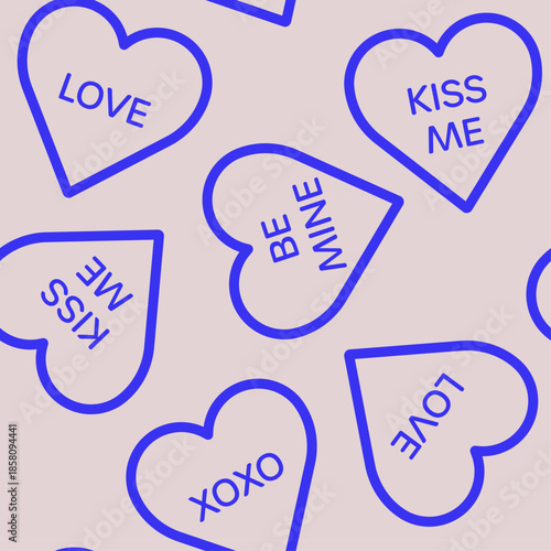 シンプルなハートと愛の文言が書かれたベージュと青紫のシームレスパターン