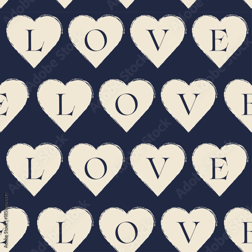 落ち着いたクールなブラックネイビーの背景色に手書きのかすれたハートとLOVEの文字入りシームレス背景素材