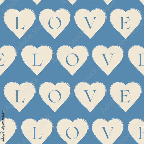 優しいおしゃれなくすみブルーの背景色に手書きのかすれたハートとLOVEの文字入りシームレス背景素材