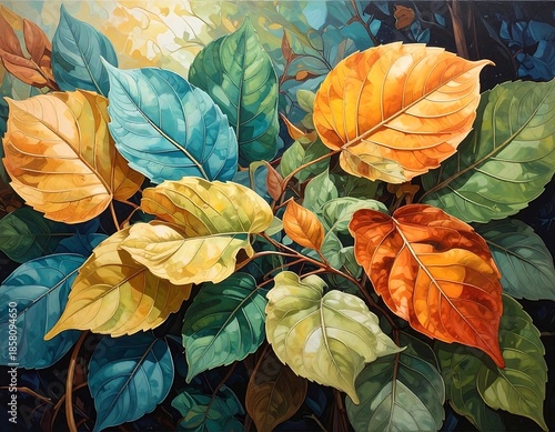 Colorful leaves in varying shapes and tones of green, yellow, orange, and blue, lit by soft light