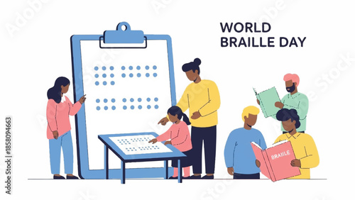 Diverse group gathered around a braille chart on a large clipboard to celebrate World Braille Day