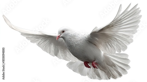 A pure white pigeon in flight against a white background. Its wings are outstretched, showcasing the feathery detail. A graceful, airborne pose