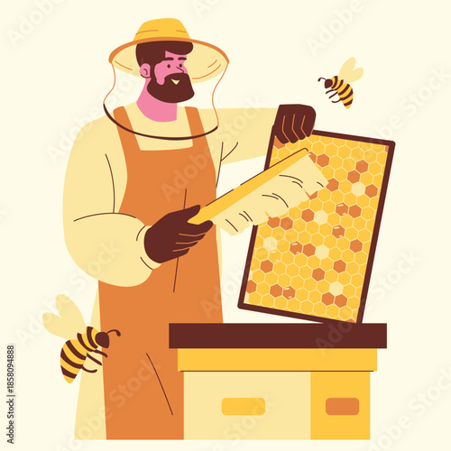 beekeeper holding honeycomb frame illustration