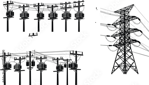 Electric power transmission line set, utility pole with transformer, high voltage tower silhouette, industrial energy infrastructure collection, cad drawing flat vector illustration