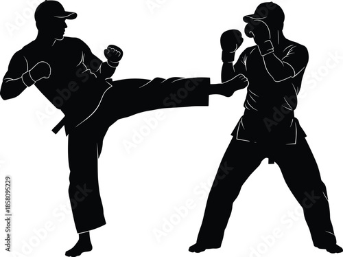 Powerful martial arts fighters silhouette showing dynamic combat, self defense techniques, strength, discipline, and intense training action