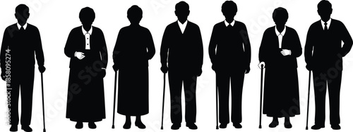 Elderly people silhouette set, senior men and women standing with walking canes, old age retirement community concept, cad drawing flat vector illustration
