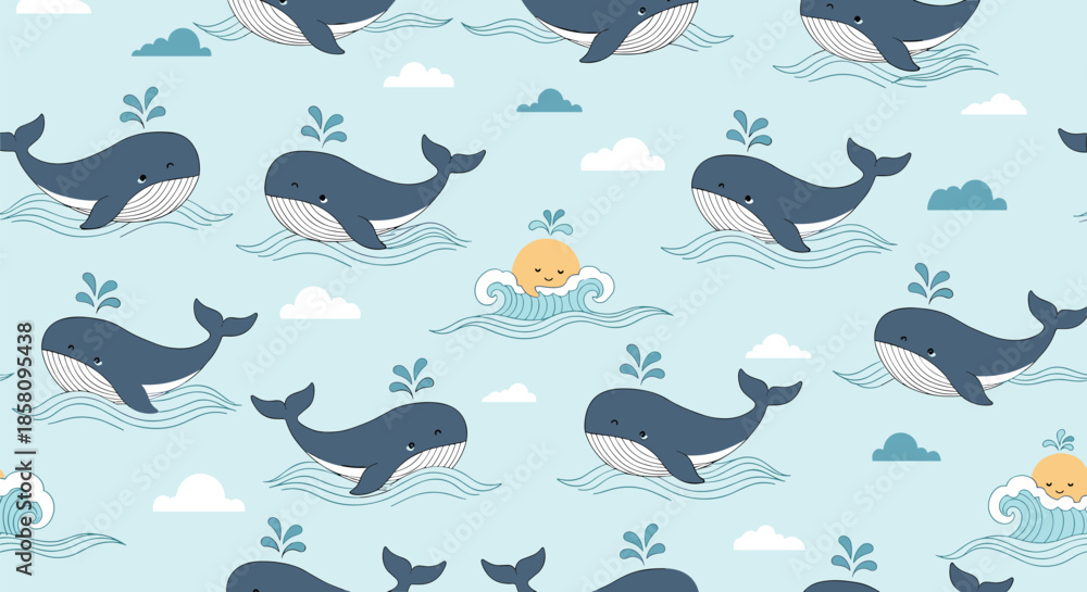 Fototapeta premium Adorable seamless pattern of happy blue whales and a small yellow whale jumping through ocean waves under white clouds.