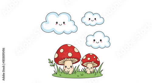Delightful illustration of two smiling red mushrooms in grass accompanied by three happy clouds on a plain white background.