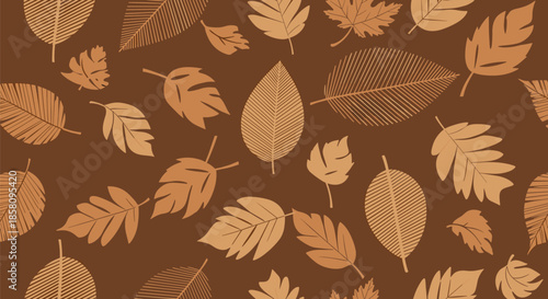 Warm autumn seamless pattern with various types of brown and tan leaves scattered over a dark chocolate background for fall texture.