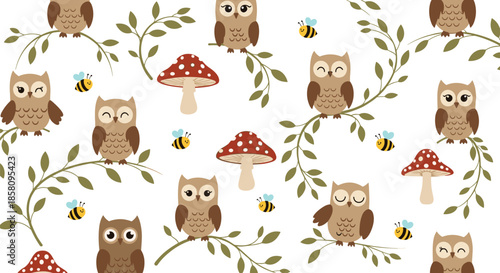 Whimsical forest pattern with cute brown owls perched on branches among red mushrooms and small bees on a white background.