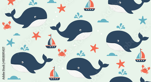 Fun seamless sea pattern featuring happy blue whales, starfish, crabs, and sailboats on a light mint green background for kids.