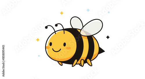 Happy little cartoon bumblebee with a friendly smile flying amidst colorful twinkling stars on a solid white background field.