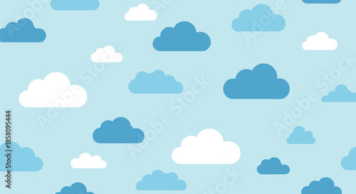 Clean seamless pattern of various flat clouds in light and dark blue tones over a soft blue sky background for children room.