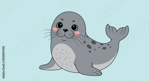 Adorable grey cartoon seal pup with rosy pink cheeks and big black eyes sitting on a light blue background for animal lovers.