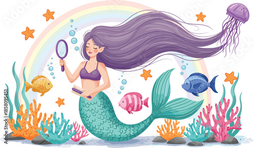 Beautiful cartoon mermaid underwater with fish coral rainbow and jellyfish magical ocean fantasy illustration