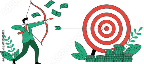 Businessman aiming arrow at target with money financial goal success strategy investment illustration concept