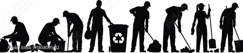 Silhouette collection of workers cleaning, recycling, and maintaining environments, showing teamwork, labor, sustainability, and professional service activities