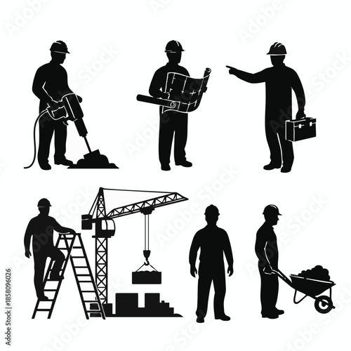 Construction Workers Silhouettes Building Planning Tools Crane Jackhammer.