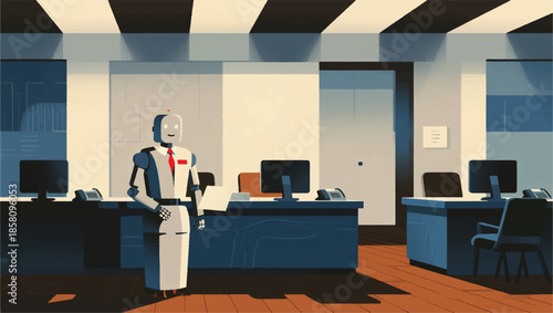 Illustration Of Robots Becoming Reception Desk Guards, Serving Arriving Guests Vector Design Template