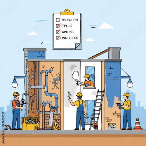 Construction workers renovating building with checklist steps.