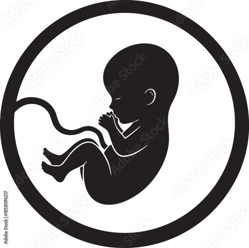 Black silhouette of a fetus in a circle
