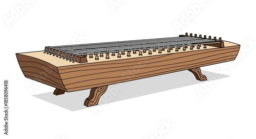 Wooden Zither Musical Instrument with Metal Strings and Legs.