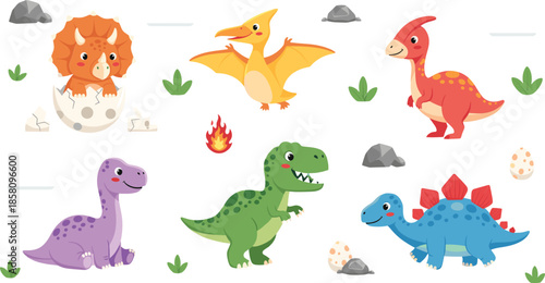 Cute cartoon dinosaur characters set with baby dinos eggs and prehistoric landscape playful illustration