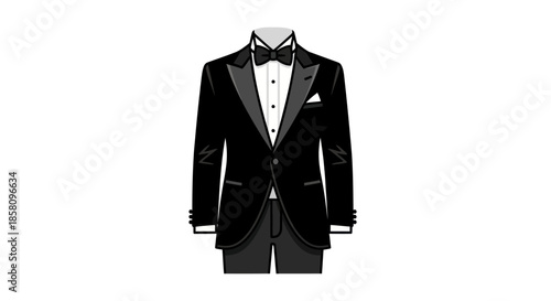Elegant Black Tuxedo Suit with Bow Tie and Pocket Square.