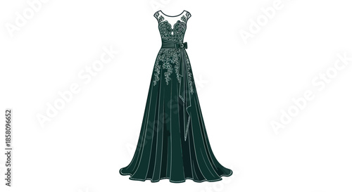 Elegant Emerald Green Evening Gown with Floral Appliqués and Flowing Skirt.