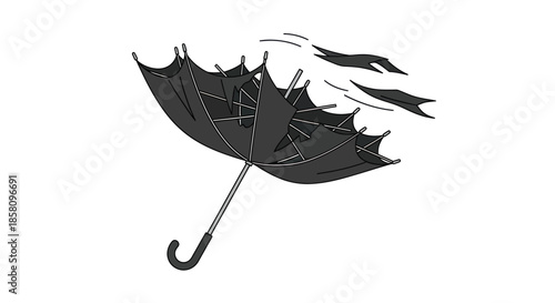 Black Umbrella Blown Inside Out by Strong Wind.