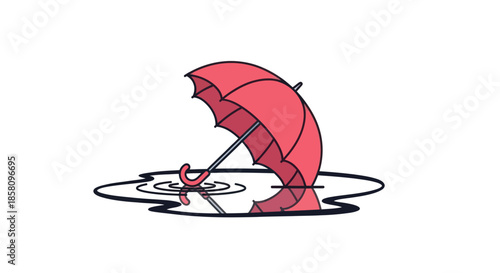 Red Umbrella Submerged in Water Puddle.