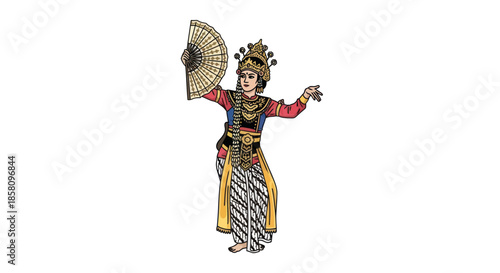 Traditional Balinese Dancer in Elaborate Costume with Fan.