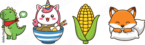 Cute cartoon dinosaur unicorn noodle bowl corn and sleeping fox characters playful illustration set