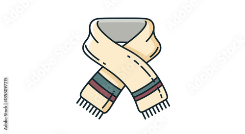 Cartoon illustration of a light-colored winter scarf with striped ends and fringes.