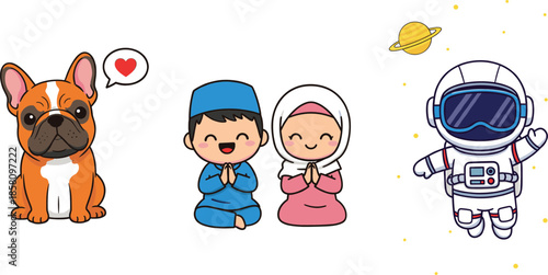 Cute cartoon dog muslim kids praying and astronaut characters set playful illustration for children designs