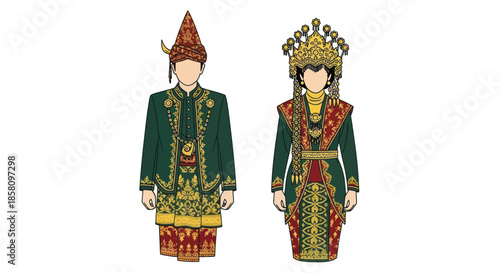 Traditional Indonesian Couple in Elaborate Green and Gold Cultural Attire.