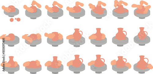 Flat Vector Illustration Set of Hands Shaping Clay on a Pottery Wheel Creating Ceramic Vases and Pots Isolated on White Background