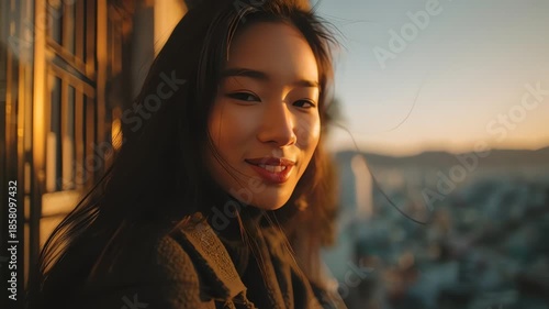 Beautiful korean girlfriend looking over city at golden hour