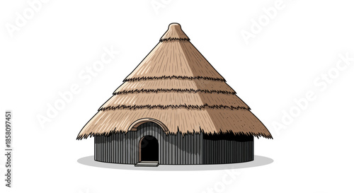 Traditional Round Hut with Conical Thatched Roof and Dark Walls.