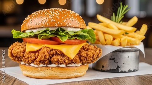 Eye level restaurant menu advertising image with crispy fried chicken burger and golden fries presentation