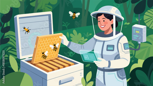 Illustration Of A Futuristic Digital Monitor Beekeeper Tending To A Beehive Vector Design Template