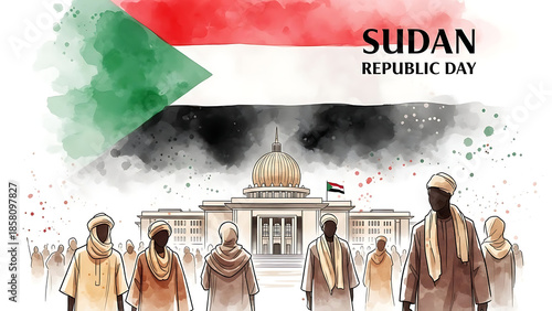 Watercolor style illustration of sudanese people standing before government building celebrating republic day with national flag prominently displayed