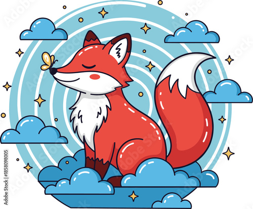 Cute cartoon fox sitting on clouds with butterfly dreamy fantasy animal illustration isolated