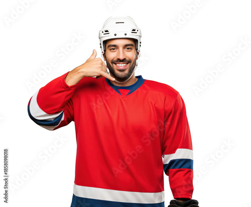 Smiling Male Hockey Player in Red Jersey Making Call Gesture for Sport Promotion